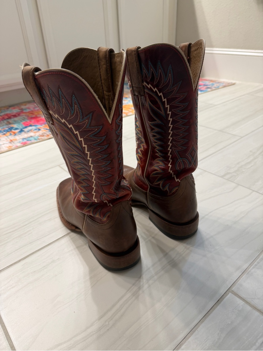 Ariat Brown Leather Cowboy Boots with Red Stitching - Picture 4 of 4